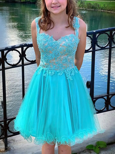 A-line V-neck Lace Tulle Knee-length Short Prom Dresses With Appliques Lace #Favs020020111595