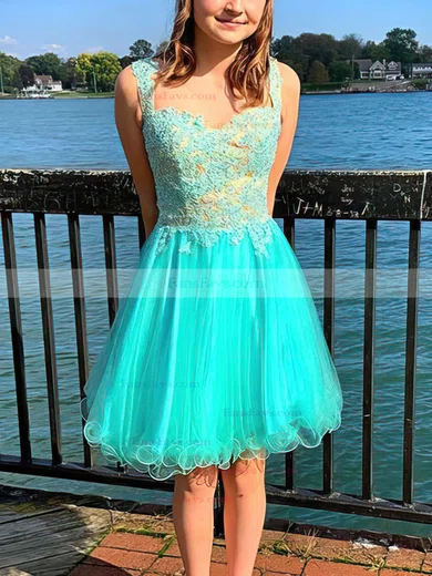 A-line V-neck Lace Tulle Knee-length Short Prom Dresses With Appliques Lace #Favs020020111595
