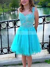 A-line V-neck Lace Tulle Knee-length Short Prom Dresses With Appliques Lace #Favs020020111595