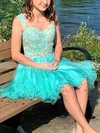 A-line V-neck Lace Tulle Knee-length Short Prom Dresses With Appliques Lace #Favs020020111595