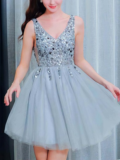 A-line V-neck Tulle Sequined Short/Mini Short Prom Dresses With Beading #Favs020020110099