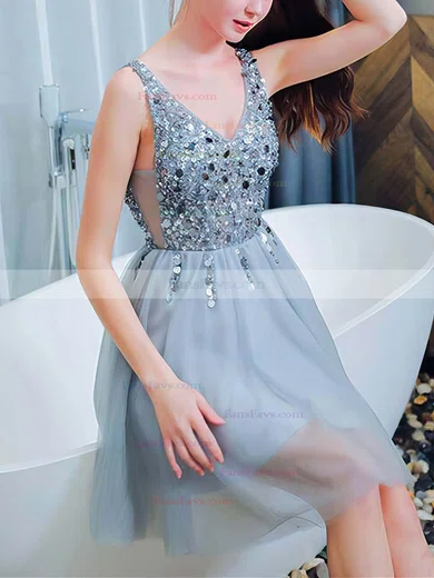 A-line V-neck Tulle Sequined Short/Mini Short Prom Dresses With Beading #Favs020020110099