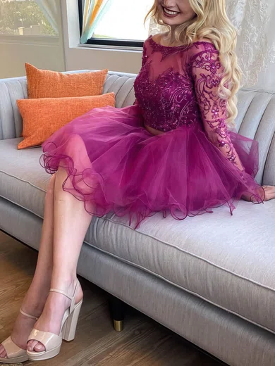 A-line Scoop Neck Lace Tulle Short/Mini Short Prom Dresses With Appliques Lace #Favs020020111596