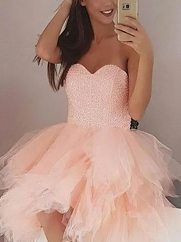 A-line Sweetheart Tulle Short/Mini Beading Short Prom Dresses #Favs020020109204