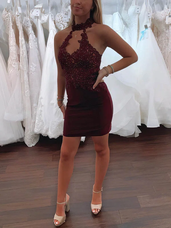 Sheath/Column High Neck Jersey Short/Mini Short Prom Dresses With Appliques Lace #Favs020020111597