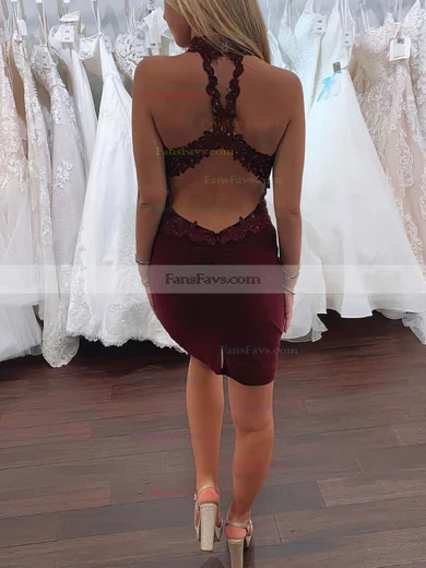 Sheath/Column High Neck Jersey Short/Mini Short Prom Dresses With Appliques Lace #Favs020020111597