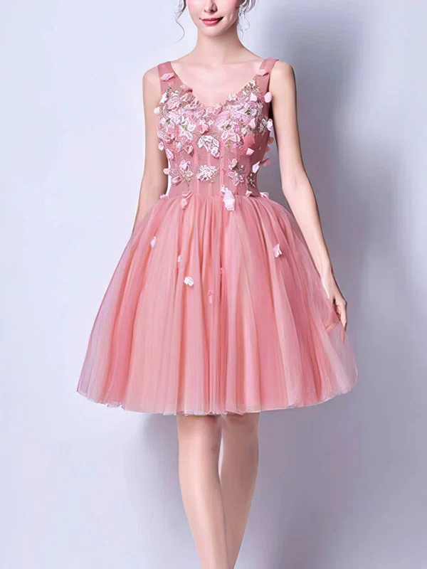 A-line V-neck Lace Tulle Short/Mini Short Prom Dresses With Appliques Lace #Favs020020110101