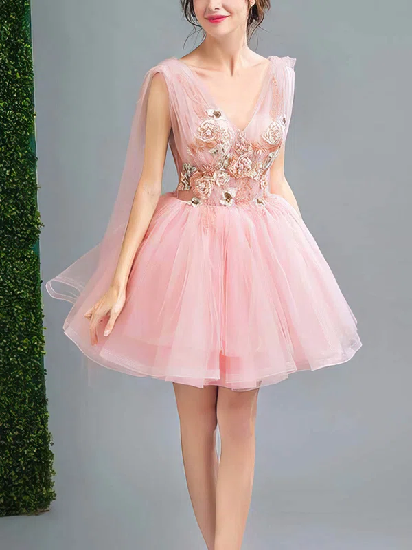 A-line V-neck Lace Tulle Short/Mini Short Prom Dresses With Flower(s) #Favs020020110102