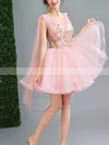A-line V-neck Lace Tulle Short/Mini Short Prom Dresses With Flower(s) #Favs020020110102