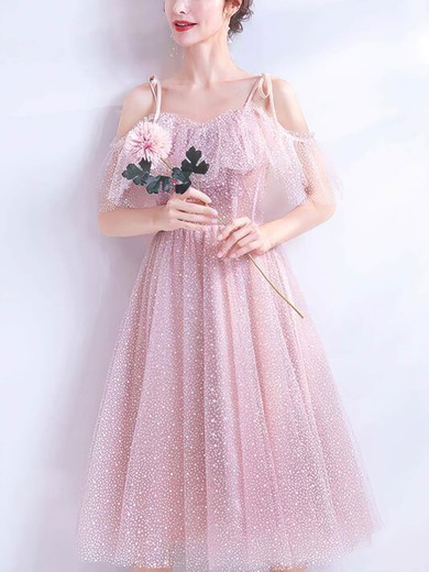 A-line V-neck Tulle Tea-length Short Prom Dresses With Beading #Favs020020110103