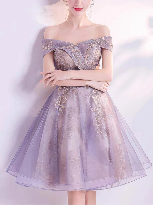 A-line Off-the-shoulder Lace Tulle Knee-length Short Prom Dresses With Appliques Lace #Favs020020110104