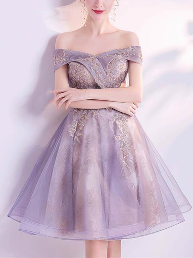 A-line Off-the-shoulder Lace Tulle Knee-length Short Prom Dresses With Appliques Lace #Favs020020110104