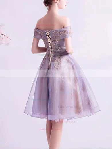 A-line Off-the-shoulder Lace Tulle Knee-length Short Prom Dresses With Appliques Lace #Favs020020110104
