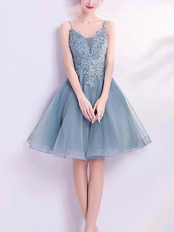 A-line V-neck Lace Tulle Short/Mini Short Prom Dresses With Appliques Lace #Favs020020110105