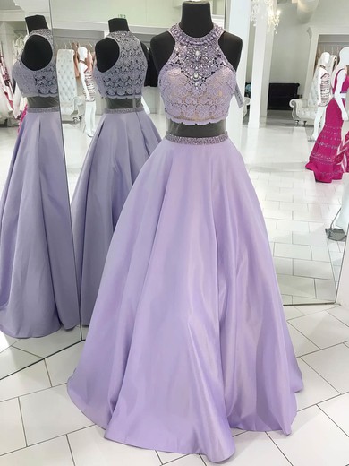 Ball Gown Scoop Neck Lace Satin Floor-length Beading Prom Dresses #Favs020106074