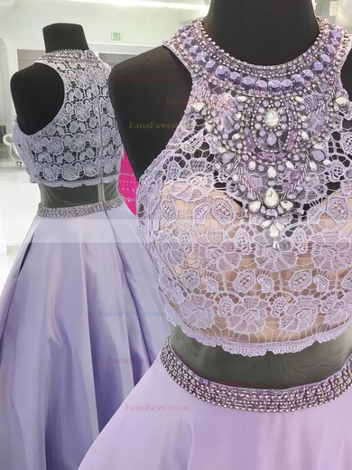 Ball Gown Scoop Neck Lace Satin Floor-length Beading Prom Dresses #Favs020106074