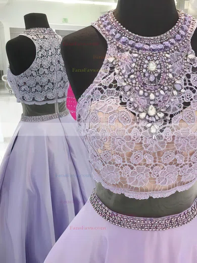 Ball Gown Scoop Neck Lace Satin Floor-length Beading Prom Dresses #Favs020106074