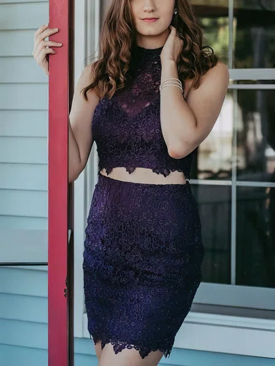 Sheath/Column High Neck Lace Short/Mini Short Prom Dresses With Beading #Favs020020111604