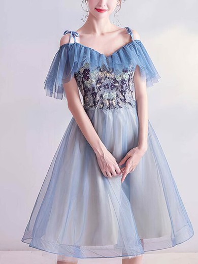 A-line V-neck Organza Tea-length Short Prom Dresses With Appliques Lace #Favs020020110106