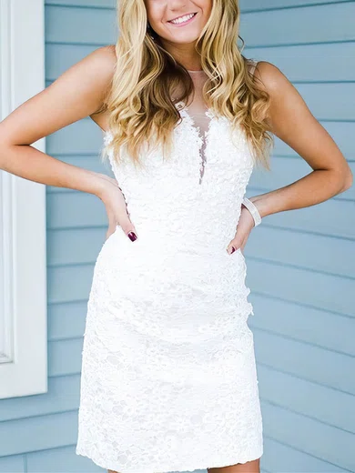 Sheath/Column Scoop Neck Tulle Lace Short/Mini Short Prom Dresses With Appliques Lace #Favs020020111605