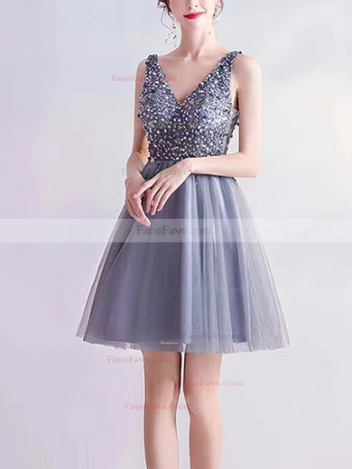 A-line V-neck Tulle Short/Mini Short Prom Dresses With Beading #Favs020020110107