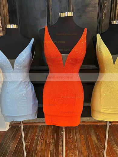 Sheath/Column V-neck Silk-like Satin Short/Mini Short Prom Dresses With Beading #Favs020020110884