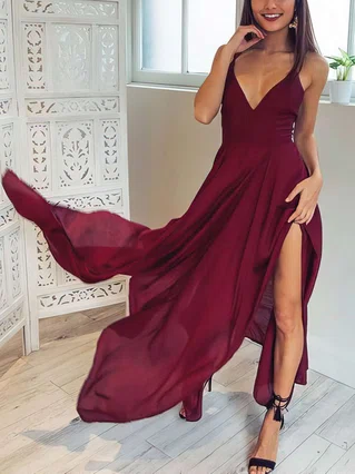 A-line V-neck Chiffon Asymmetrical Split Front Prom Dresses #Favs020106076 A-line V-neck Chiffon Asymmetrical Split Front Prom Dresses #Favs020106076