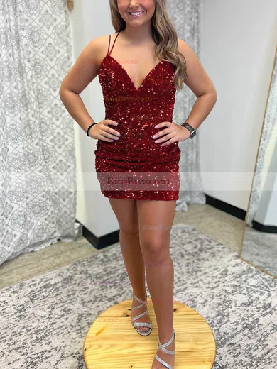 Sheath/Column V-neck Sequined Short/Mini Short Prom Dresses #Favs020020110887