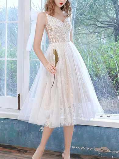 A-line V-neck Lace Tulle Tea-length Short Prom Dresses With Appliques Lace #Favs020020110111