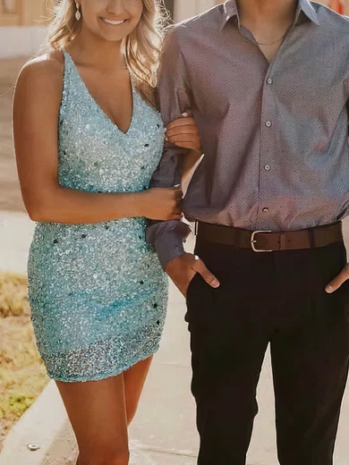 Sheath/Column V-neck Sequined Short/Mini Short Prom Dresses #Favs020020110889