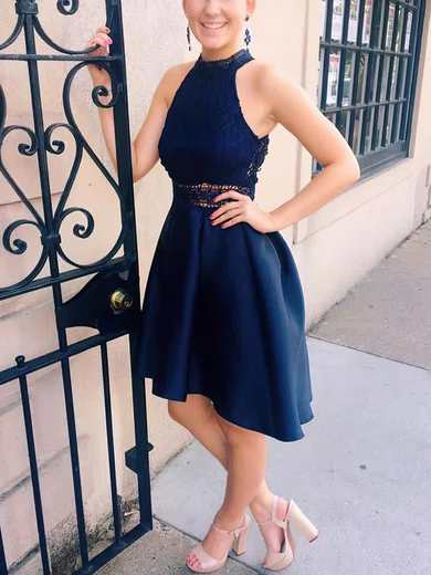 A-line High Neck Satin Lace Knee-length Short Prom Dresses #Favs020020111612