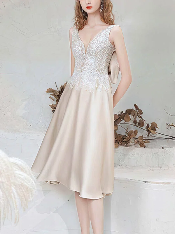 A-line V-neck Silk-like Satin Tea-length Short Prom Dresses With Beading #Favs020020110115