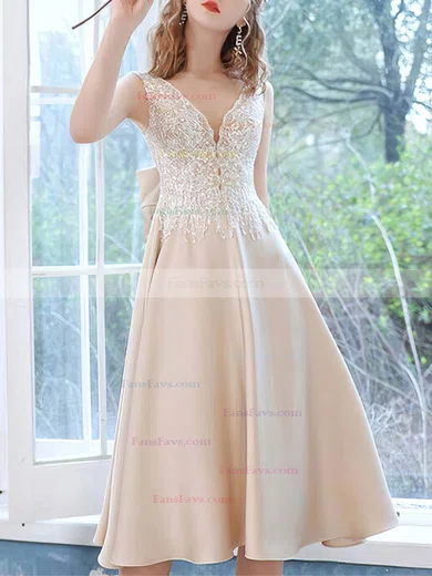 A-line V-neck Silk-like Satin Tea-length Short Prom Dresses With Beading #Favs020020110115