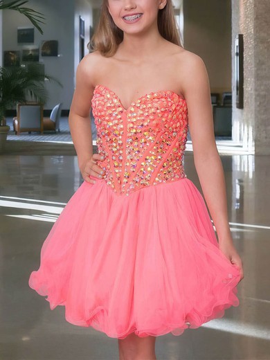 A-line Sweetheart Tulle Short/Mini Short Prom Dresses With Beading #Favs020020111614