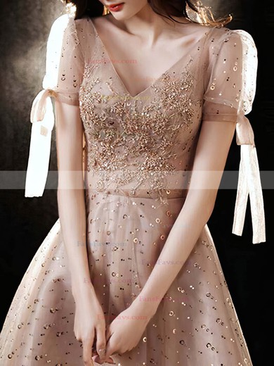 A-line V-neck Tulle Tea-length Short Prom Dresses With Beading #Favs020020110116