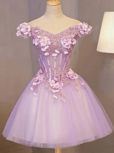 A-line Off-the-shoulder Lace Tulle Short/Mini Short Prom Dresses With Appliques Lace #Favs020020110117