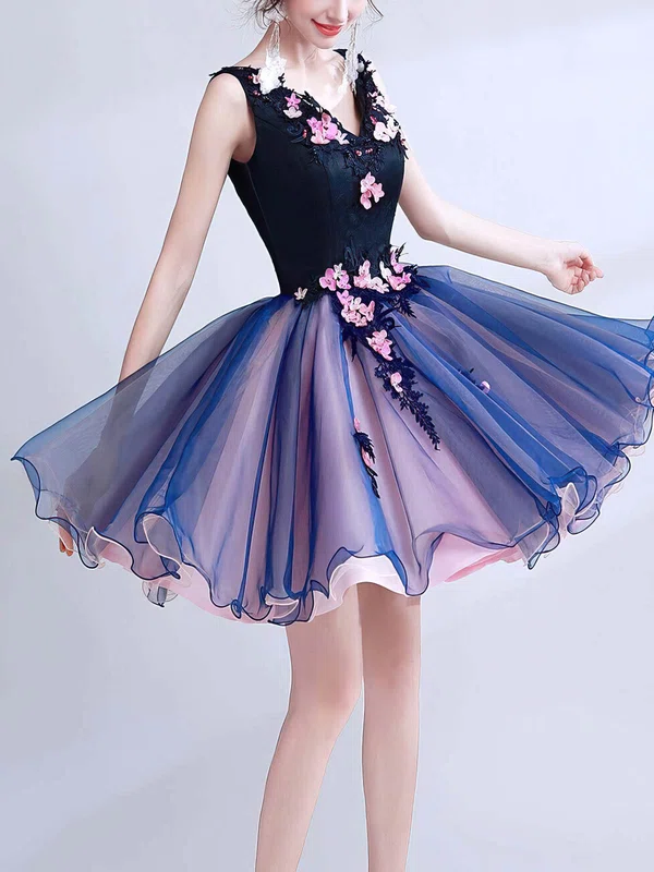 A-line V-neck Lace Organza Short/Mini Short Prom Dresses With Appliques Lace #Favs020020110118