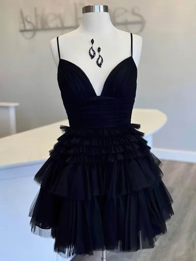A-line V-neck Glitter Short/Mini Short Prom Dresses With Tiered #Favs020020111618
