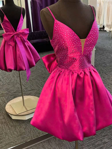 A-line V-neck Silk-like Satin Short/Mini Short Prom Dresses With Beading #Favs020020110897