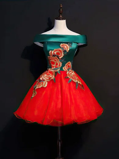 Ball Gown Off-the-shoulder Satin Tulle Short/Mini Short Prom Dresses With Flower(s) #Favs020020110122