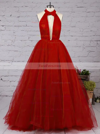Ball Gown High Neck Tulle Sweep Train Ruffles Prom Dresses #Favs020103088