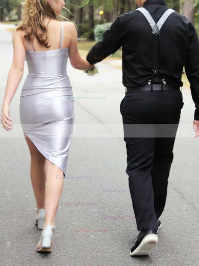 Sheath/Column V-neck Shimmer Crepe Asymmetrical Short Prom Dresses With Split Front #Favs020020110899