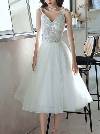 A-line V-neck Lace Tulle Tea-length Short Prom Dresses With Appliques Lace #Favs020020110125