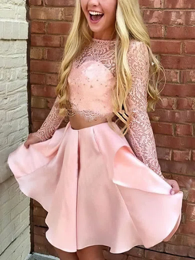 A-line Scoop Neck Lace Satin Short/Mini Lace Short Prom Dresses #Favs020020109231