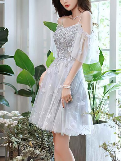 A-line V-neck Lace Tulle Short/Mini Short Prom Dresses With Appliques Lace #Favs020020110127