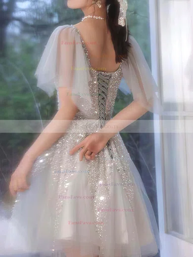 A-line V-neck Tulle Sequined Short/Mini Short Prom Dresses #Favs020020110128