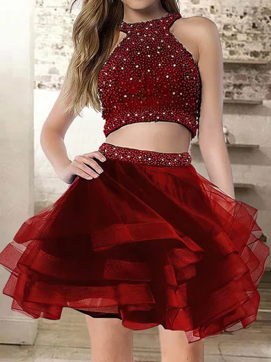 A-line Scoop Neck Tulle Short/Mini Beading Short Prom Dresses #Favs020020109234