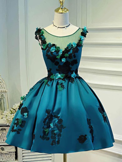 A-line Scoop Neck Satin Short/Mini Short Prom Dresses With Appliques Lace #Favs020020110133