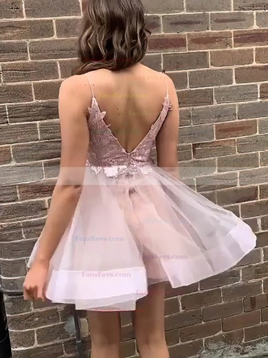 A-line V-neck Organza Short/Mini Short Prom Dresses With Appliques Lace #Favs020020111633