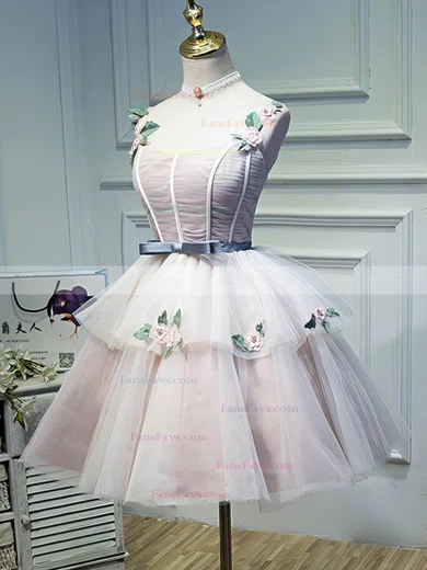 A-line V-neck Tulle Knee-length Short Prom Dresses With Flower(s) #Favs020020110135